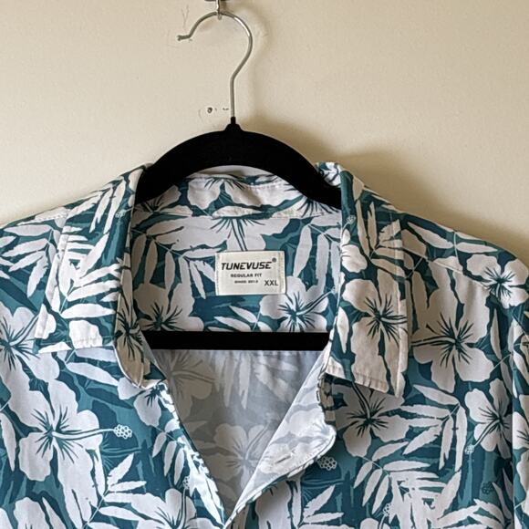 Tunevuse Hawaiian Shirt Mens XXL Blue Palm Stretch Cruise Resort - Picture 3 of 8